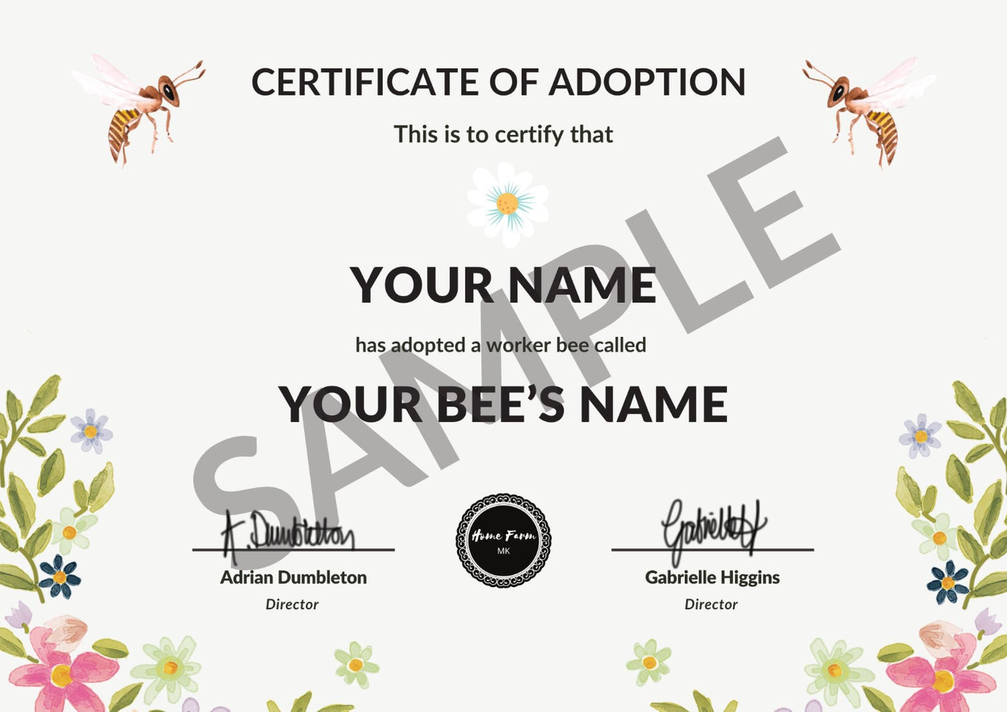 Certificate of bee adoption with floral design and bee illustrations on a white background