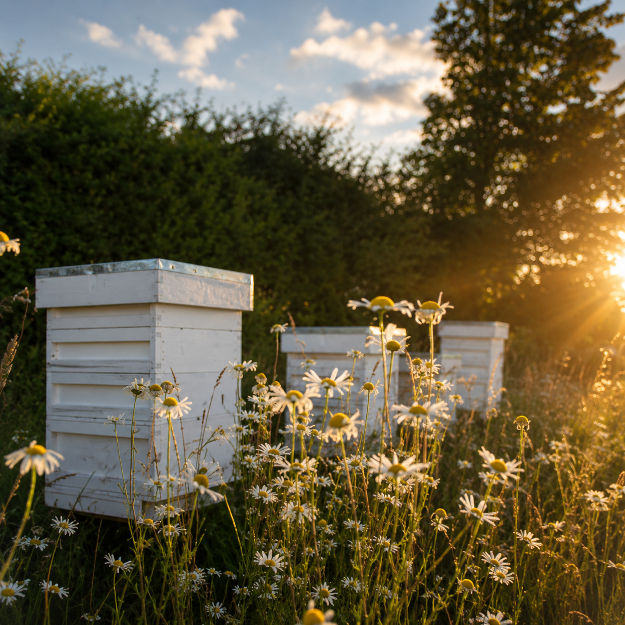 Three white wooden beehives standing in a grassy field with daisies, set against a backdrop of trees and a bright setting sun.In the apiary in Thornborough