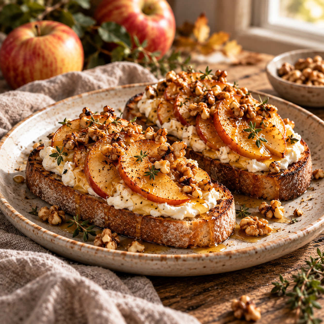 Honey, Walnut & Caramelised Apple Toasts plated recipe