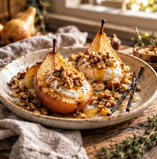Baked Pears with Vanilla Honey plated recipe
