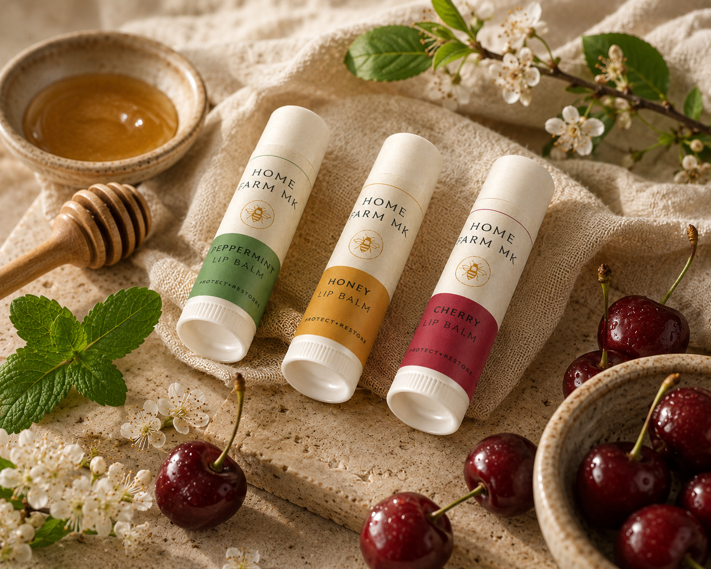 Three lip balm tubes from Home Farm NK are arranged on a beige fabric surface with natural props including cherries, mint leaves, a honey dipper, and a small bowl of honey. The lip balms have white caps and labels in green, yellow, and pink, with the brand name 'HOME FARM NK' clearly visible.