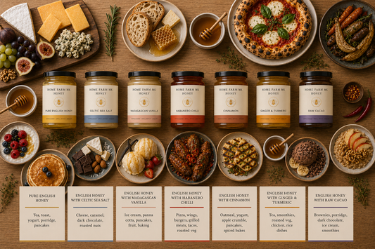 A premium overhead flat-lay featuring Home Farm MK English honey and naturally flavoured honey jars surrounded by serving suggestions including cheeses, pancakes, pizza, fruit, desserts and artisan bread.