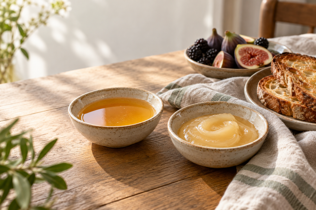 Runny and soft set English honey in stoneware bowls on an oak breakfast table.