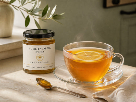 Steaming lemon tea beside Pure English Honey.