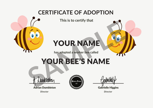 Certificate of bee Adoption with cartoon bees on a white background