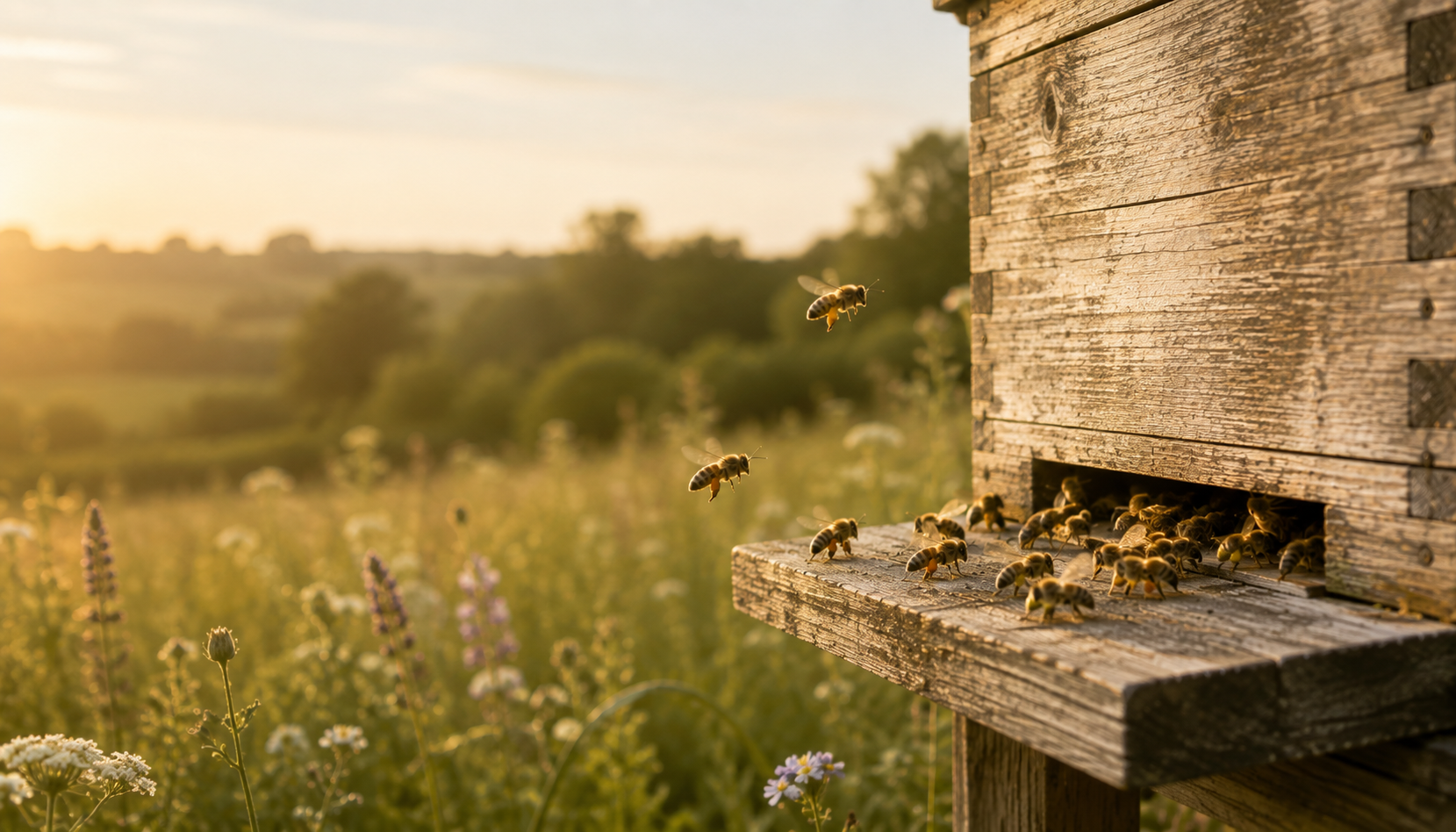 A wooden beehive with bees flying and entering the entrance, set in a sunlit grassy field at sunset.