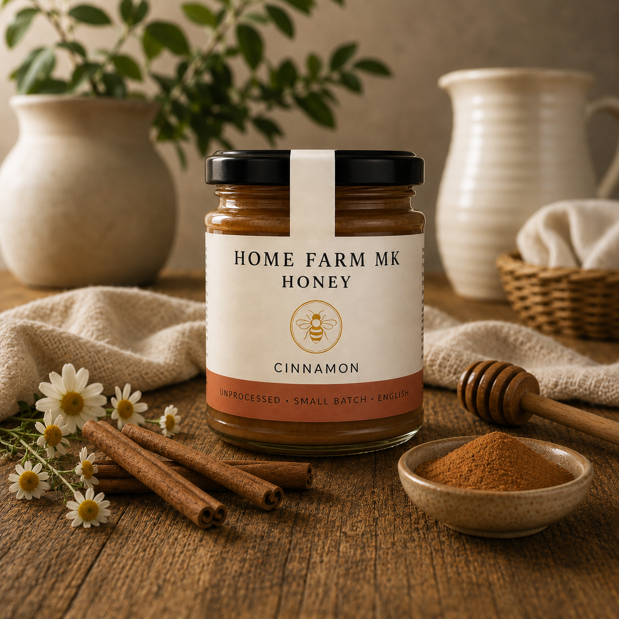A jar of Home Farm Mk Honey Cinnamon spread on a rustic wooden table, surrounded by cinnamon sticks, a small bowl of cinnamon powder, a wooden honey dipper, and white flowers, with cream-colored ceramic vases in the background.