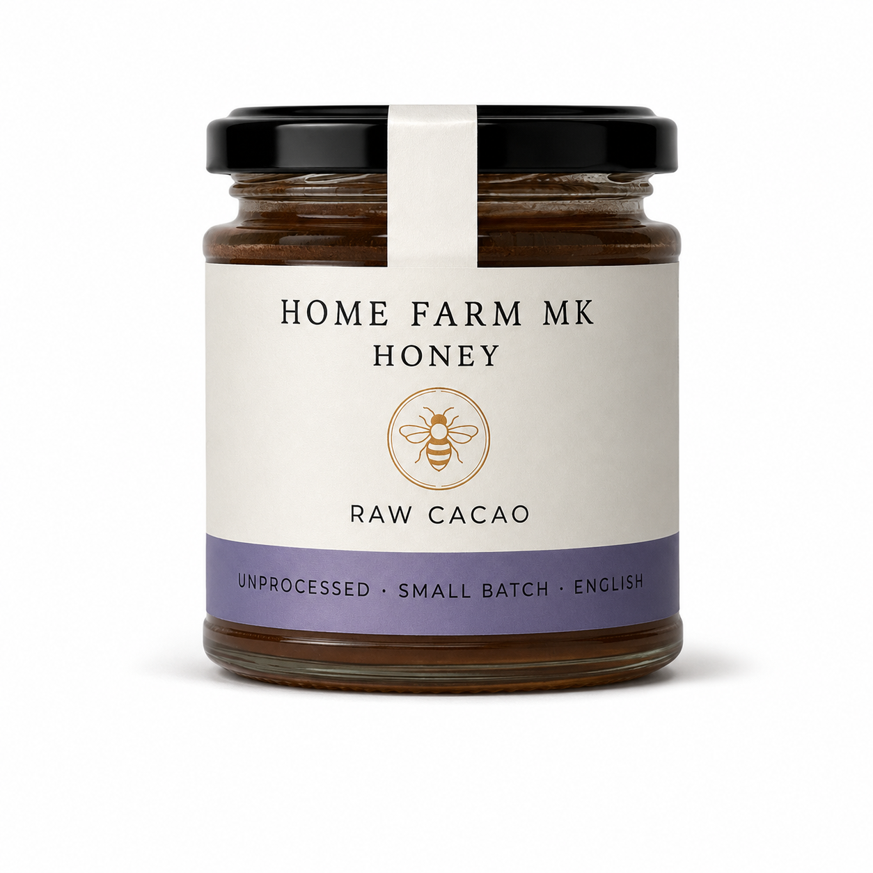 A jar of English Pure Honey Infused with Raw Cacao
