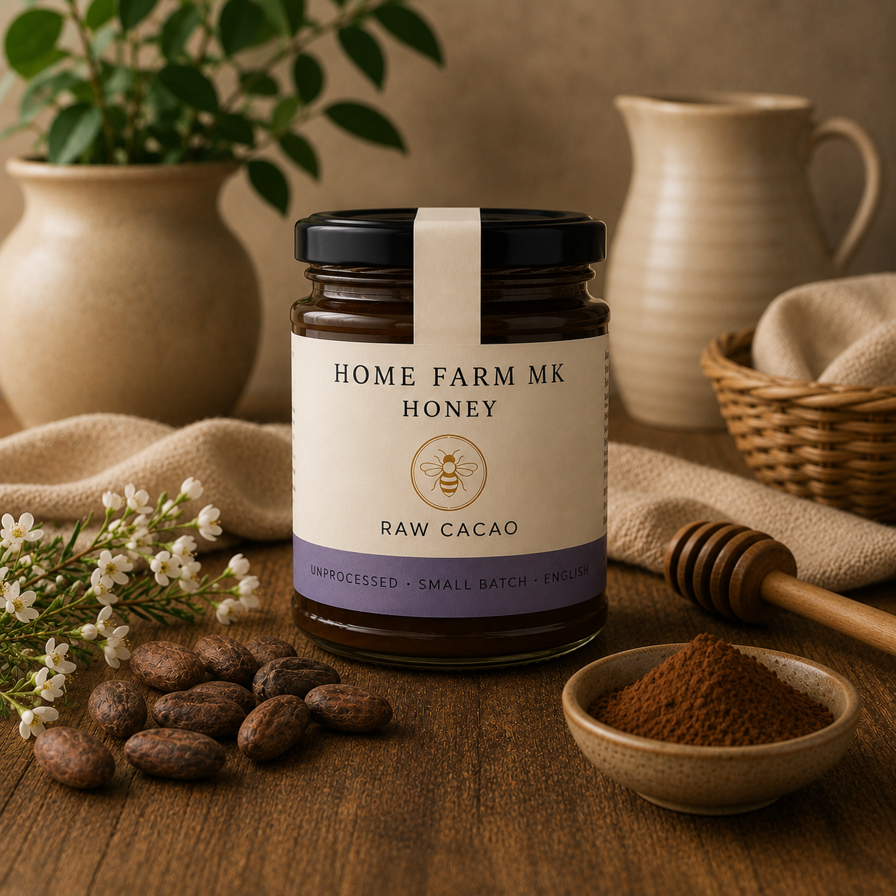 A jar of raw cacao honey from Home Farm MK is displayed on a rustic wooden table with its packaging, surrounded by natural props including cacao beans, a honey dipper, a small bowl of cacao powder, and dried flowers.