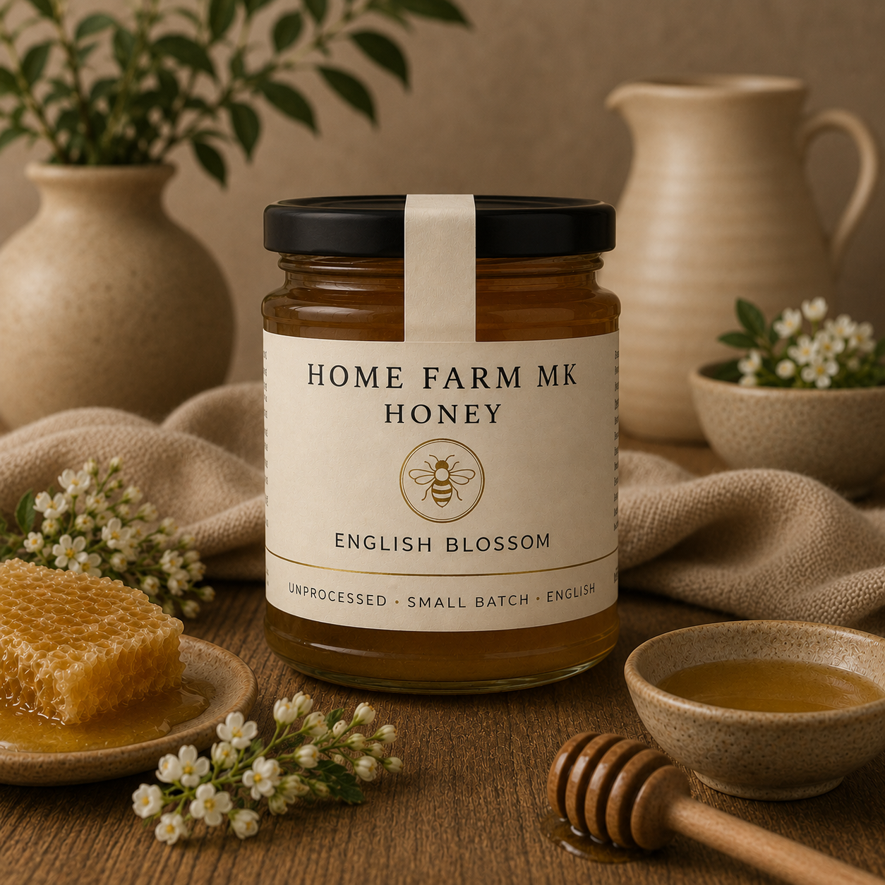 A jar of Home Farm MK Honey, English Blossom, set on a rustic wooden table surrounded by honeycomb, a honey dipper, a small bowl of honey, and cream-colored ceramic dishes with flowers in the background.