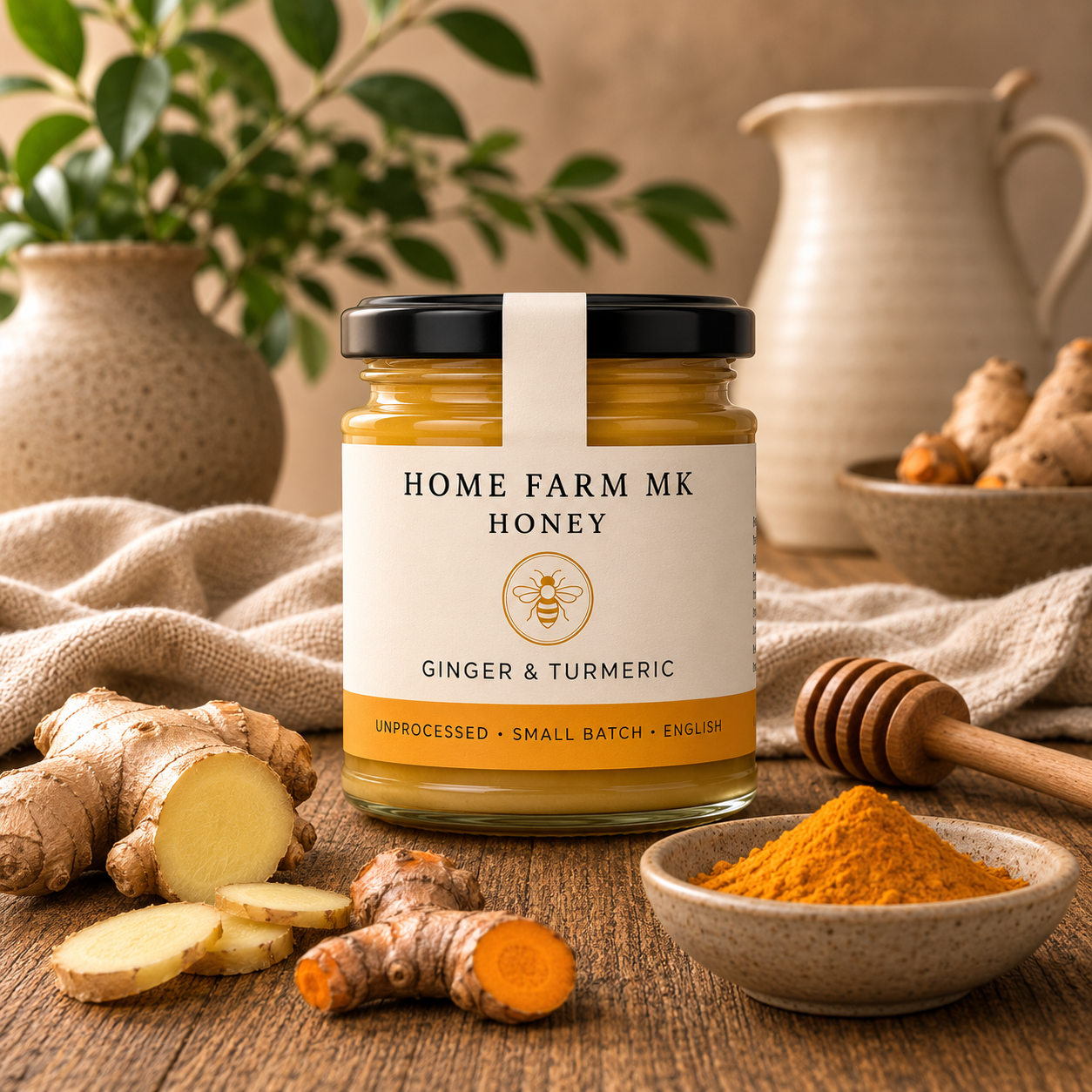A jar of Home Farm Mk Honey with ginger and turmeric flavor sits on a rustic wooden table surrounded by fresh ginger roots, a small bowl of turmeric powder, a wooden honey dipper, and neutral-toned kitchen props in the background.