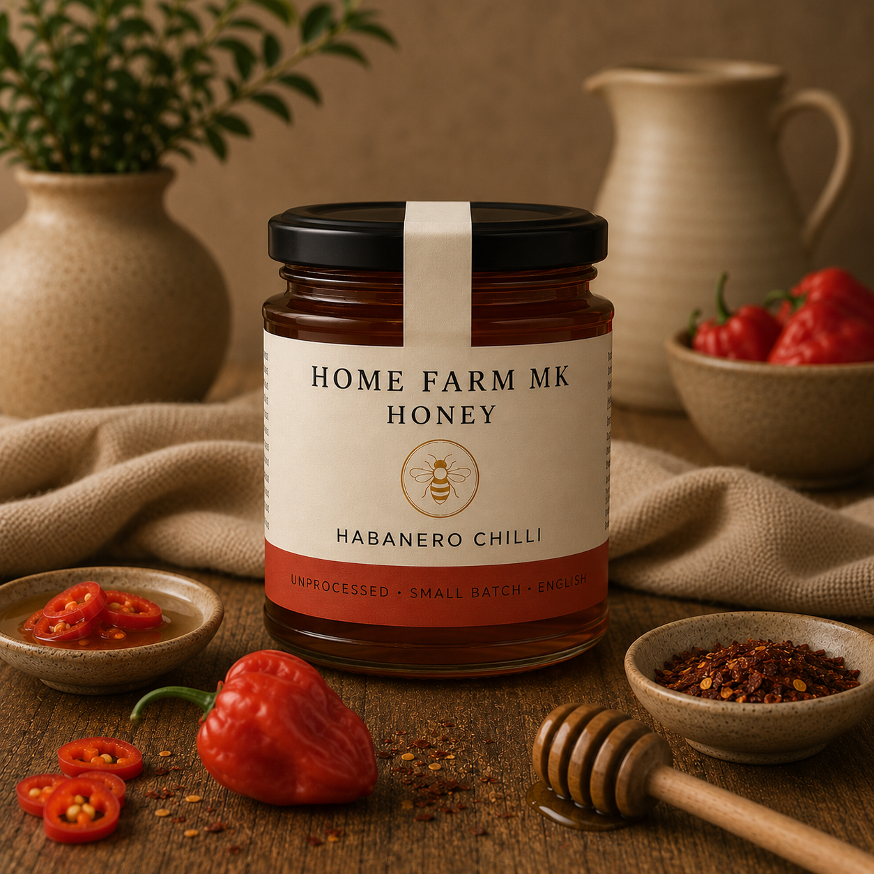 A jar of 'Home Farm MK' Habanero Chilli Honey is displayed on a rustic wooden table surrounded by fresh ingredients, including sliced red habanero peppers, a whole pepper, chili flakes, and a honey dipper, with a neutral beige background and decorative ceramic vases.