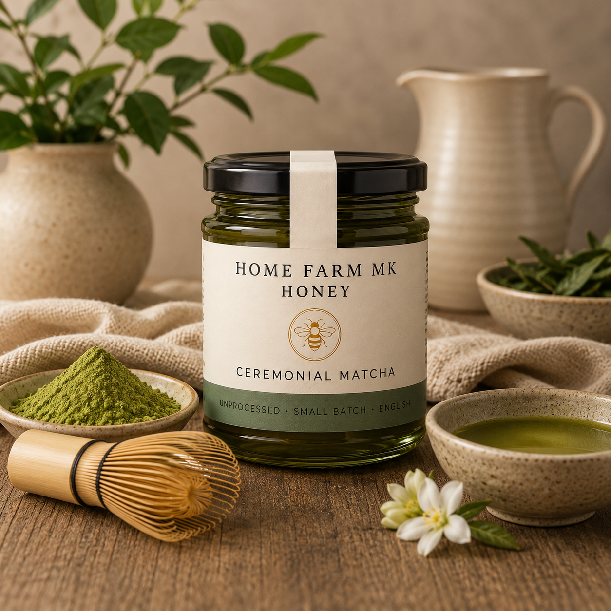 A jar of Home Farm MK Honey Ceremonial Matcha is displayed on a wooden table surrounded by matcha powder, a bamboo whisk, a bowl of matcha tea, and decorative ceramic vessels.
