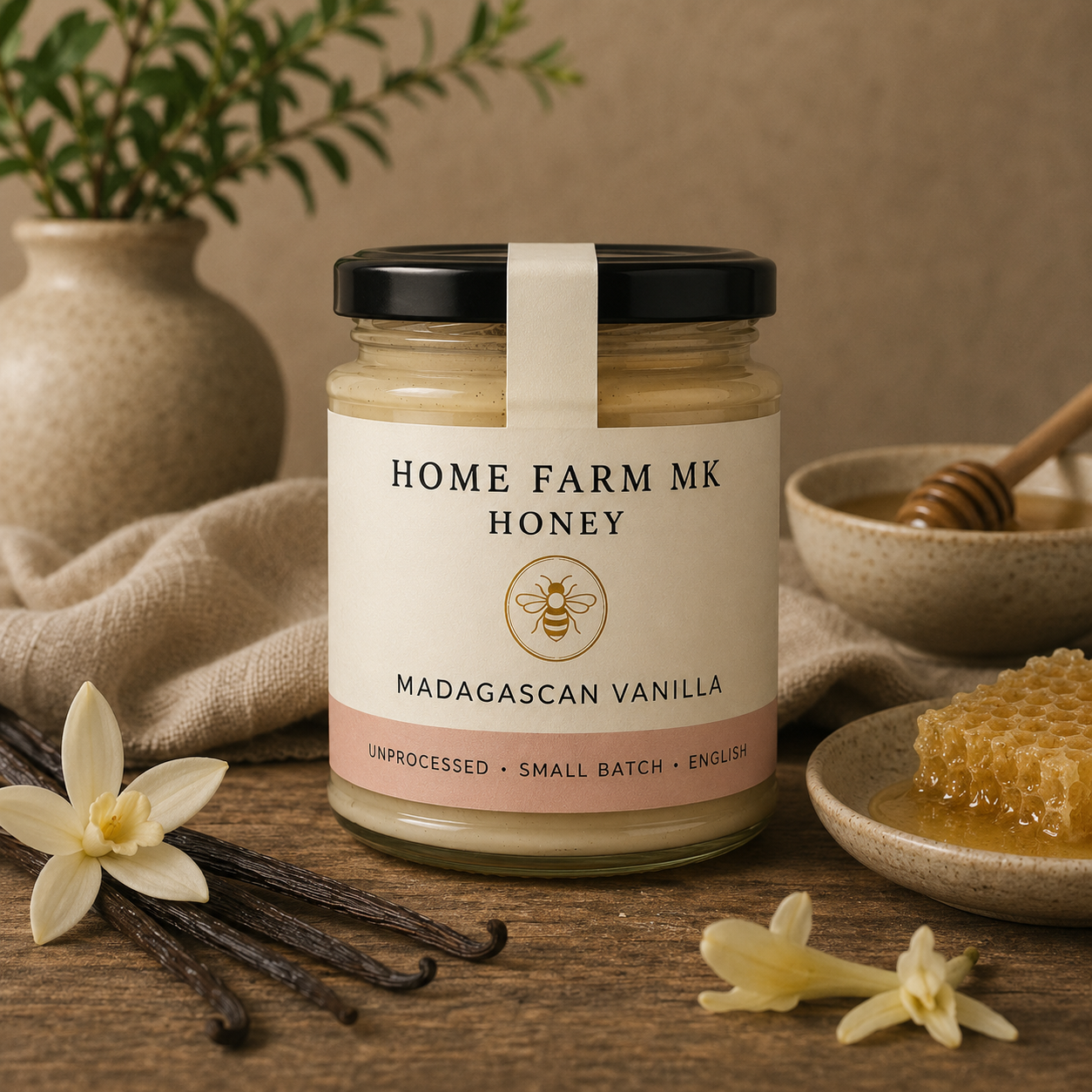 A jar of Home Farm MK Honey, Madagascar Vanilla flavor, styled on a rustic wooden table with vanilla beans, flowers, honeycomb, and a honey dipper.