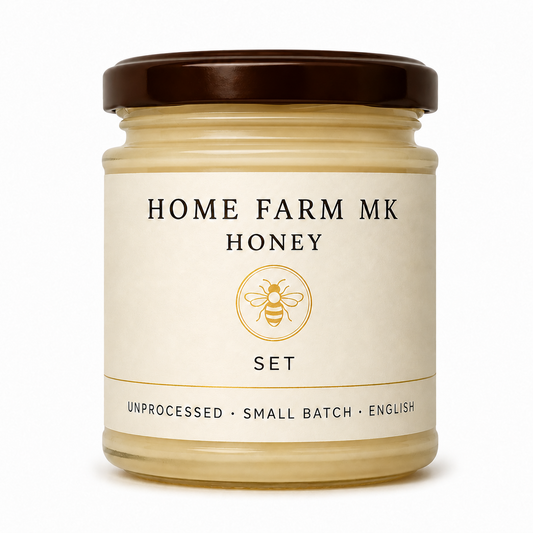 Home Farm MK English Set Honey jar without a tamper band, on a clean white background.
