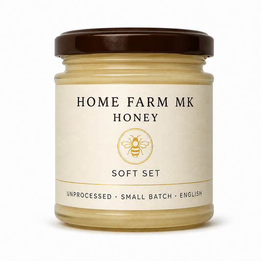 Home Farm MK Soft Set English Honey jar without a tamper band, on a clean white background.