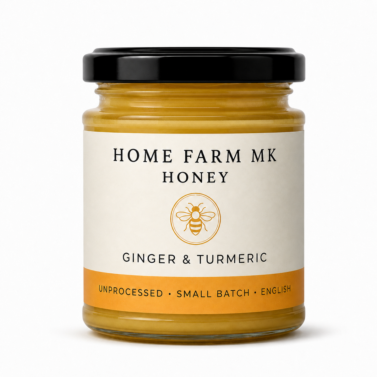 Home Farm MK Ginger & Turmeric English Honey jar without a tamper band, on a clean white background.