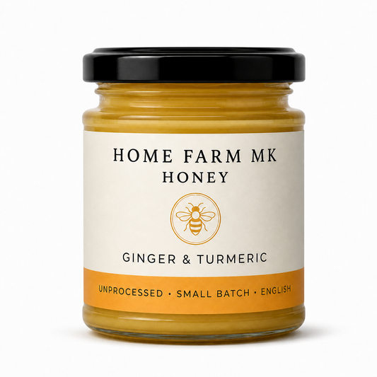Home Farm MK Ginger & Turmeric English Honey jar without a tamper band, on a clean white background.