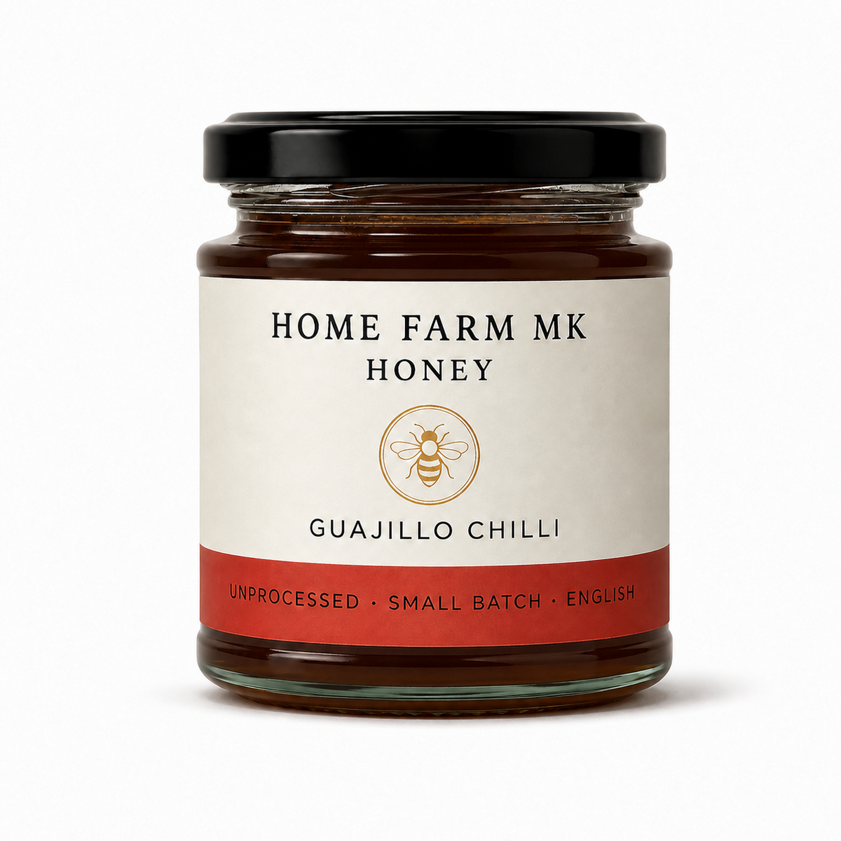 Home Farm MK Guajillo Chilli English Honey jar without a tamper band, on a clean white background.