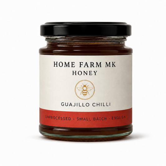Home Farm MK Guajillo Chilli English Honey jar without a tamper band, on a clean white background.