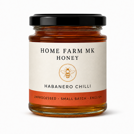 Home Farm MK Habanero Chilli English Honey jar without a tamper band, on a clean white background.