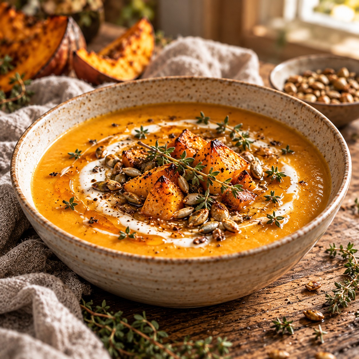 Roasted Autumn Squash Soup with Honey & Thyme plated recipe