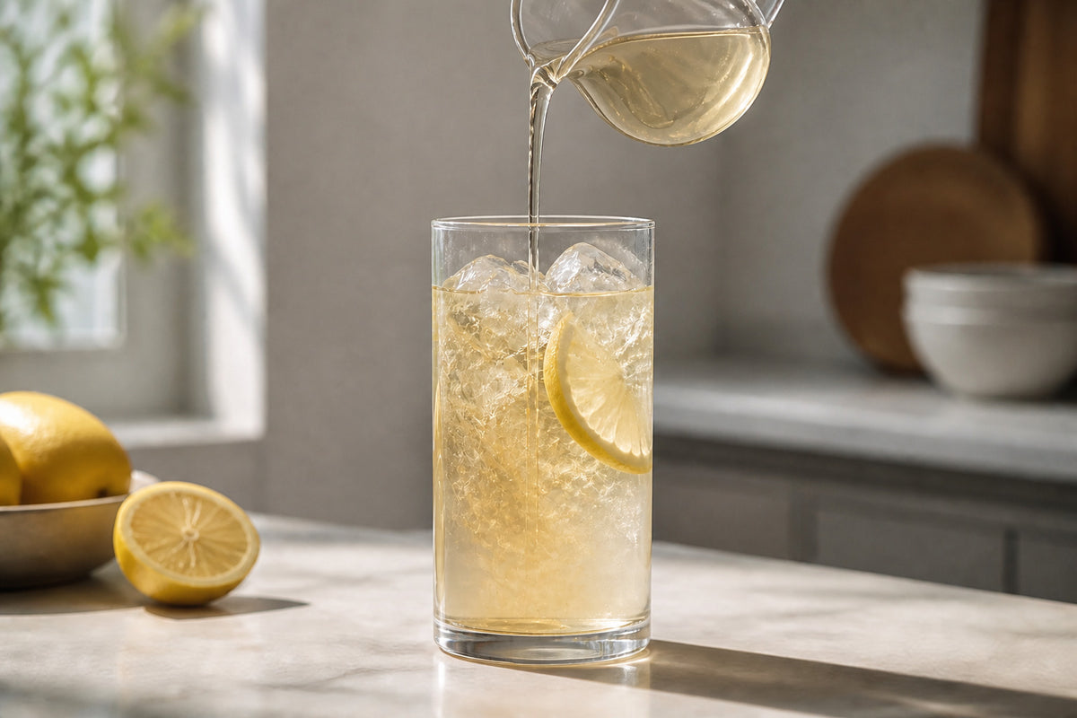 Pale honey syrup being poured into an iced lemon drink so it mixes evenly.