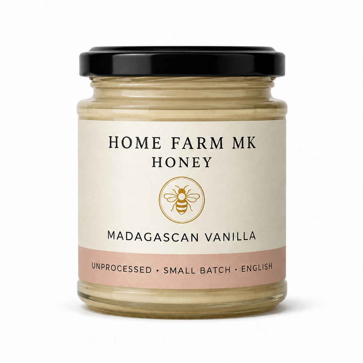 Home Farm MK Madagascan Vanilla English Honey jar without a tamper band, on a clean white background.