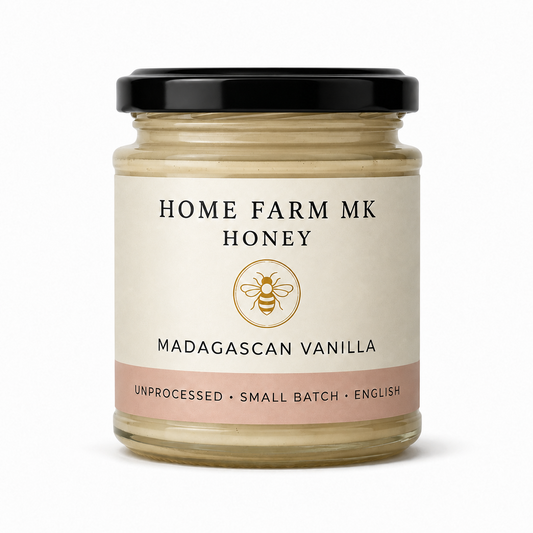 Home Farm MK Madagascan Vanilla English Honey jar without a tamper band, on a clean white background.