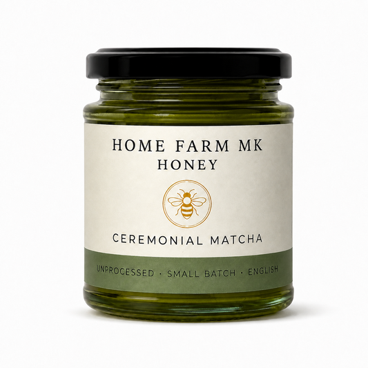 Home Farm MK Ceremonial Matcha English Honey jar without a tamper band, on a clean white background.