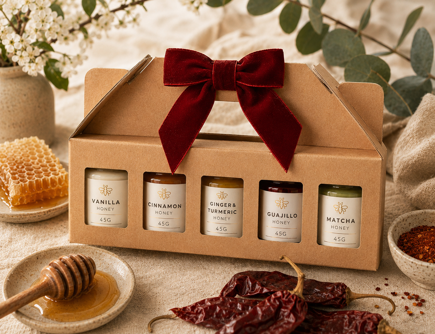 A gift set of five artisanal honey jars in a kraft paper box tied with a dark red velvet bow. The jars are labeled Vanilla Honey, Cinnamon Honey, Ginger & Turmeric Honey, Guajillo Honey, and Matcha Honey.
