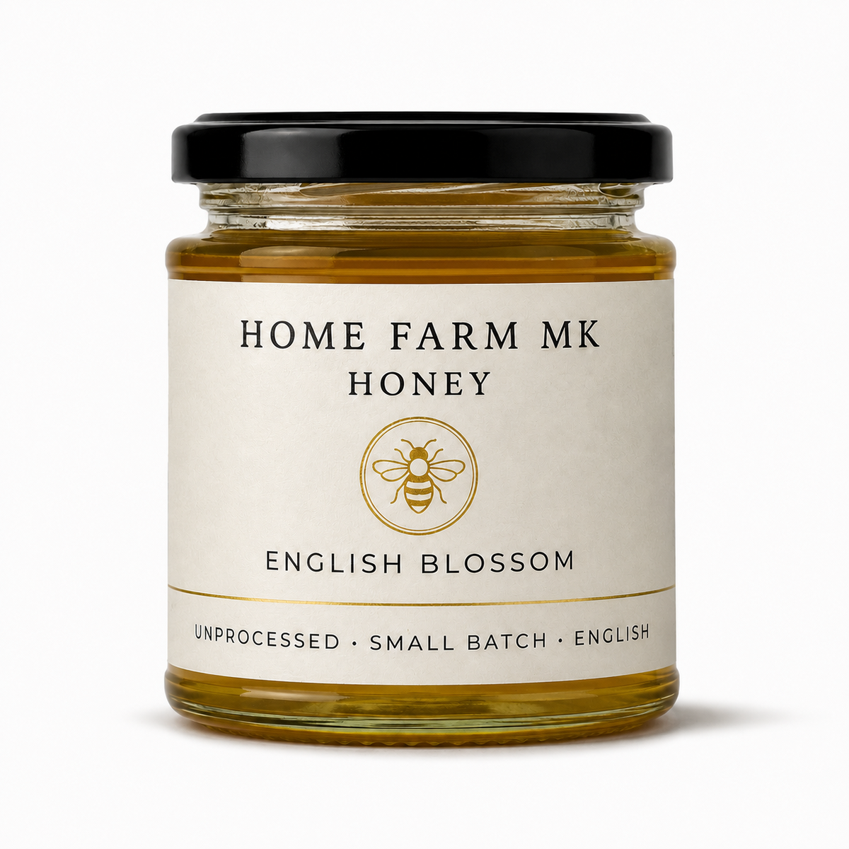 Home Farm MK Pure English Blossom Honey jar without a tamper band, on a clean white background.