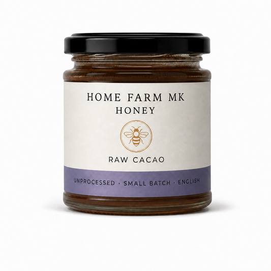Home Farm MK Raw Cacao English Honey jar without a tamper band, on a clean white background.