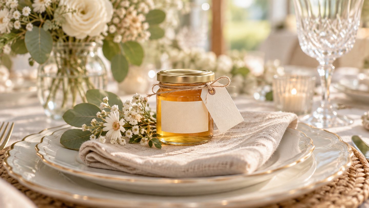 Illustrative mini honey favour jar with a gift tag on a baby shower table