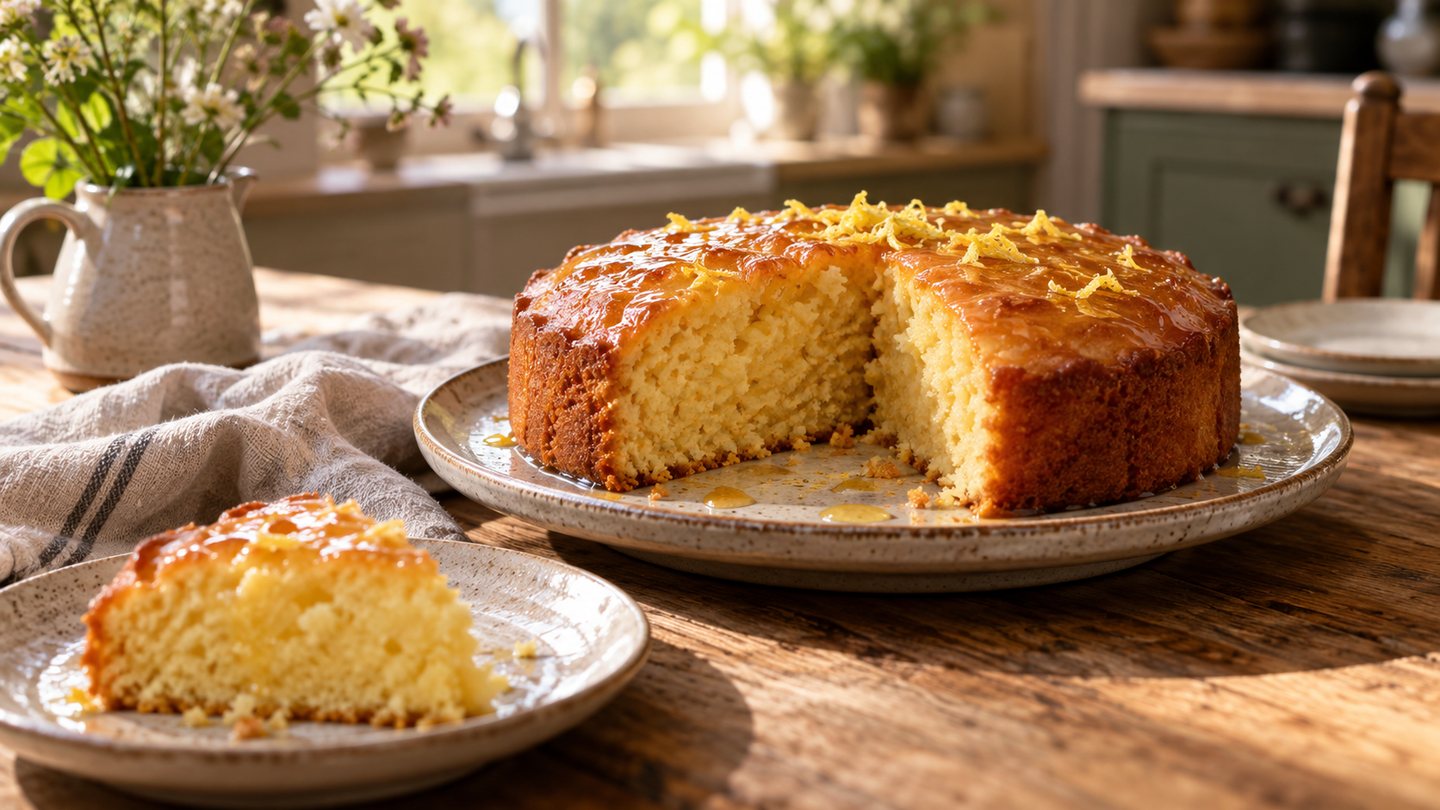 Golden honey cake cooling on a ceramic plate in a country kitchen