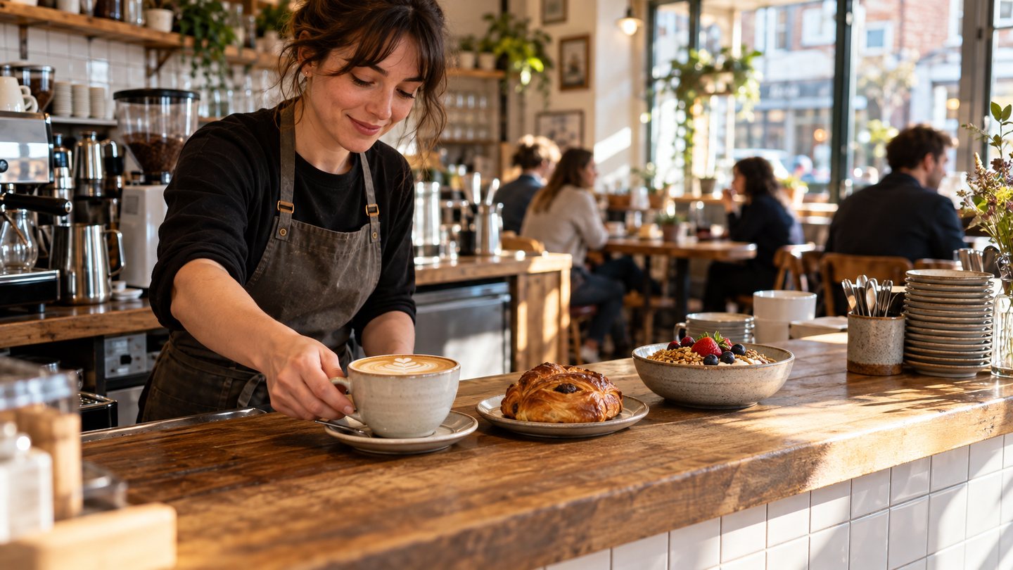 Barista serving coffee and a pastry at an independent café counter