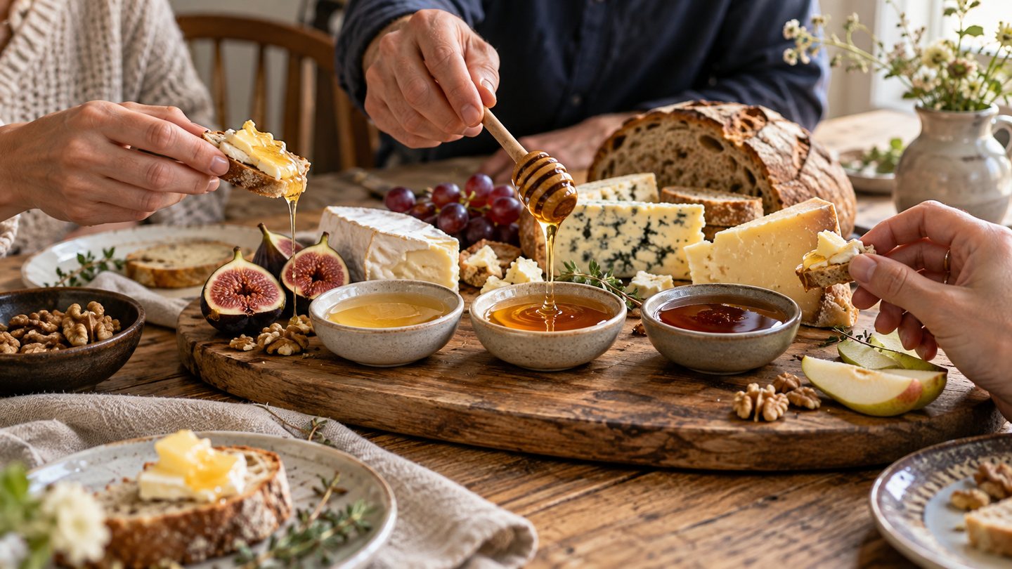 Friends tasting different honeys with bread, fruit and cheeses around a country kitchen table
