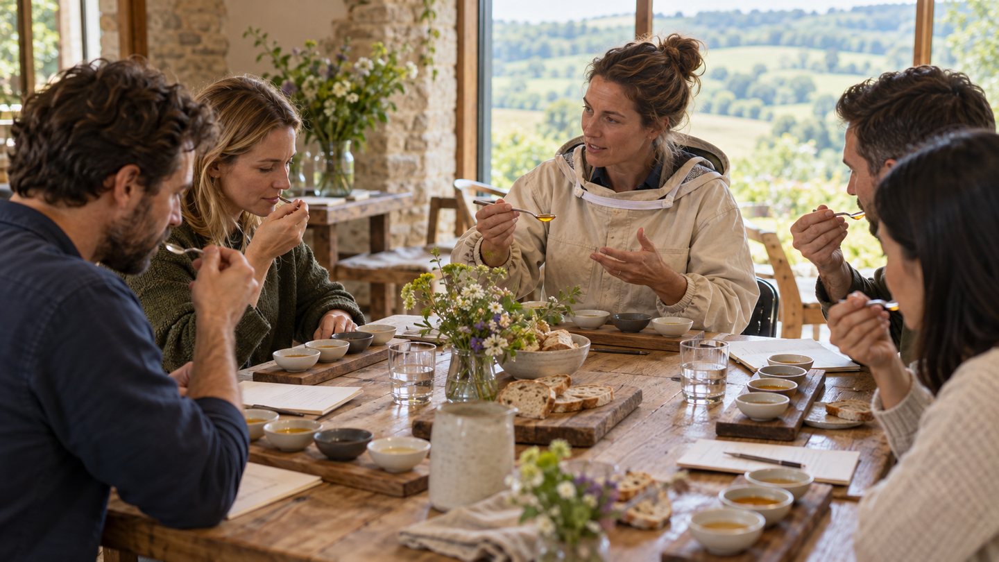A beekeeper guides a small group through a honey tasting around a wooden table
