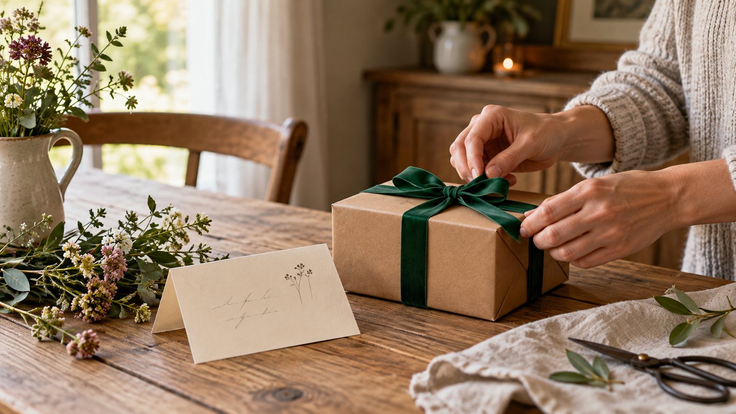 A carefully wrapped gift with a handwritten thank-you card on an oak table